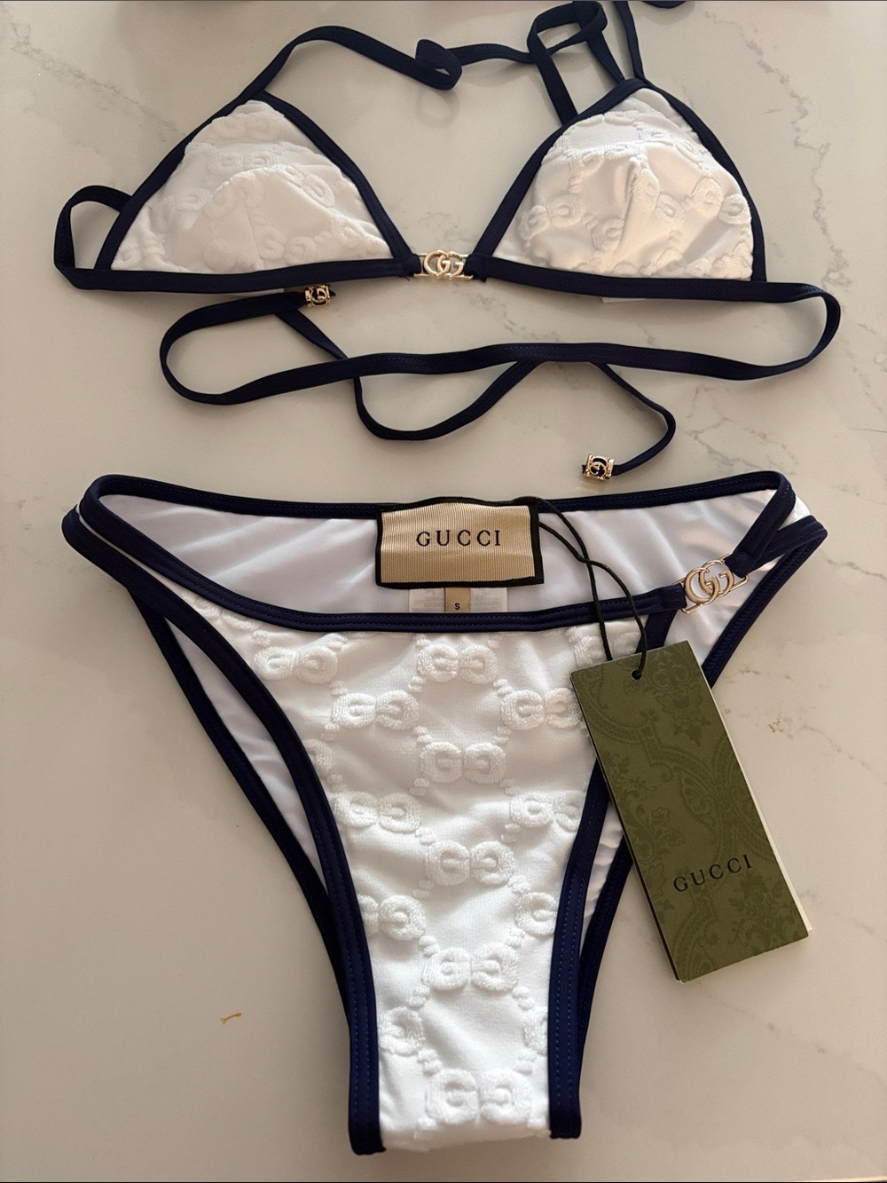Women’s Gucci white & navy blue bikini set size small
